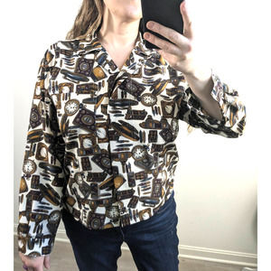Vintage Jones New York clock desk themed button down womens top long sle…